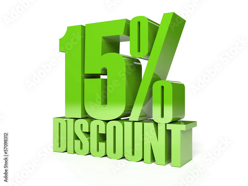 15 percent discount. Green shiny text. Concept 3D illustration.