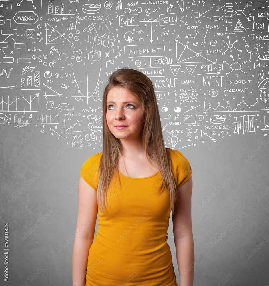 Young pretty lady with hand drawn calculations and icons