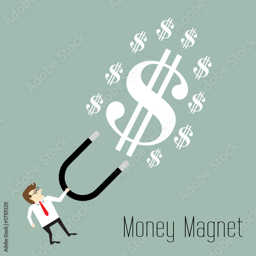 Businessman attracts money with a large magnet