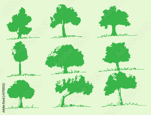 Vector trees with leaves   black silhouettes
