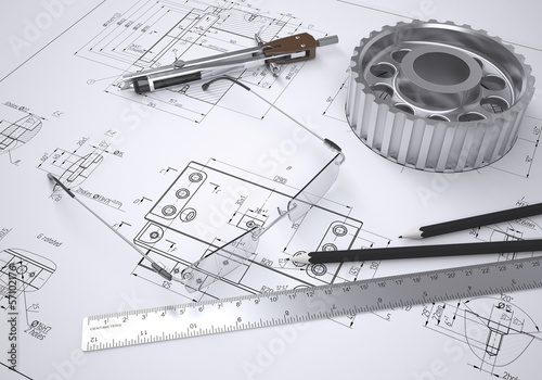 Glasses, ruler, compass, pencil and gear photo