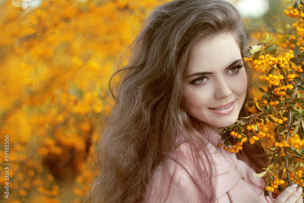 Autumn Girl Portrait. Happy smiling Woman over yellow leaves in Autumn Girl Portrait. Happy smiling Woman over yellow leaves in