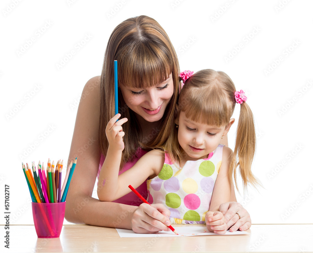 mother and her child girl pencil together mother and her child girl pencil together