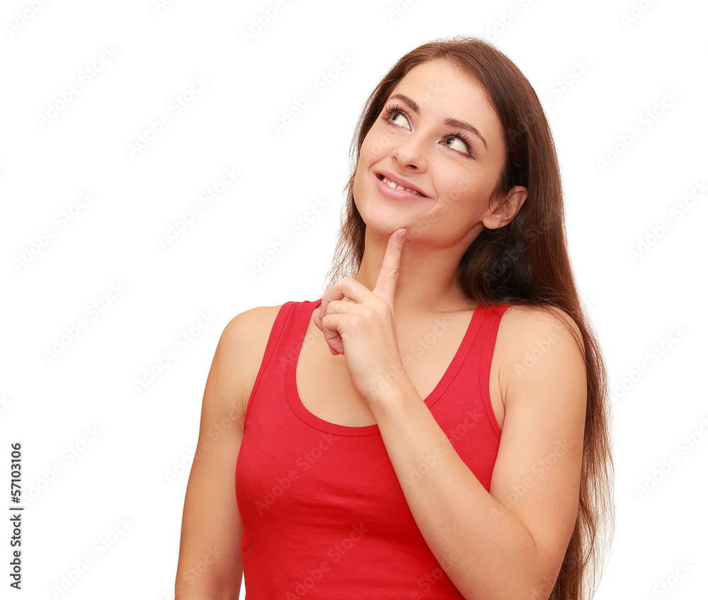 Beautiful thinking woman looking up with happy smile isolated on Beautiful thinking woman looking up with happy smile isolated on