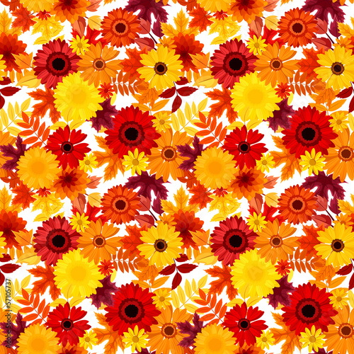 Seamless background with autumn flowers and leaves. Vector.