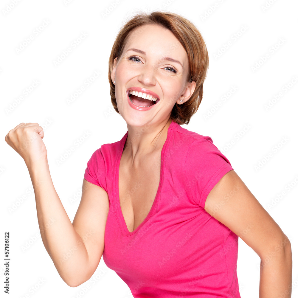 Beautiful happy woman celebrating success Beautiful happy woman celebrating success
