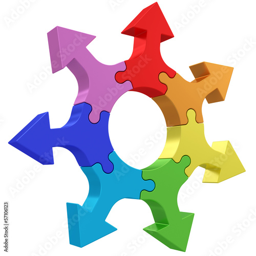 Colorful arrows joined into jigsaw puzzle wheel on white