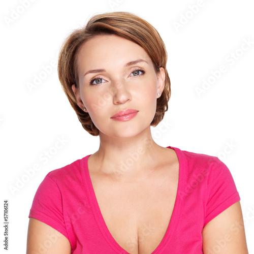 Portrait of a beautiful young adult white serious woman