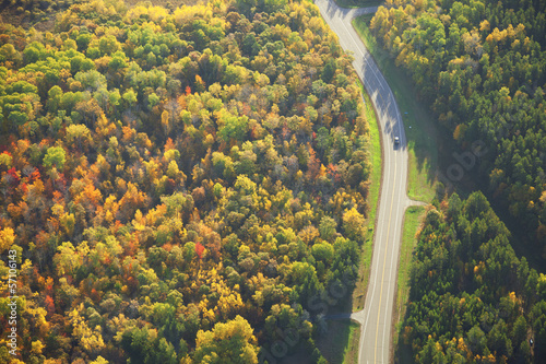 Aerial view of road curving through woods in fall color