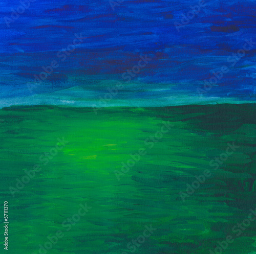 Open green field and blue sky - painting