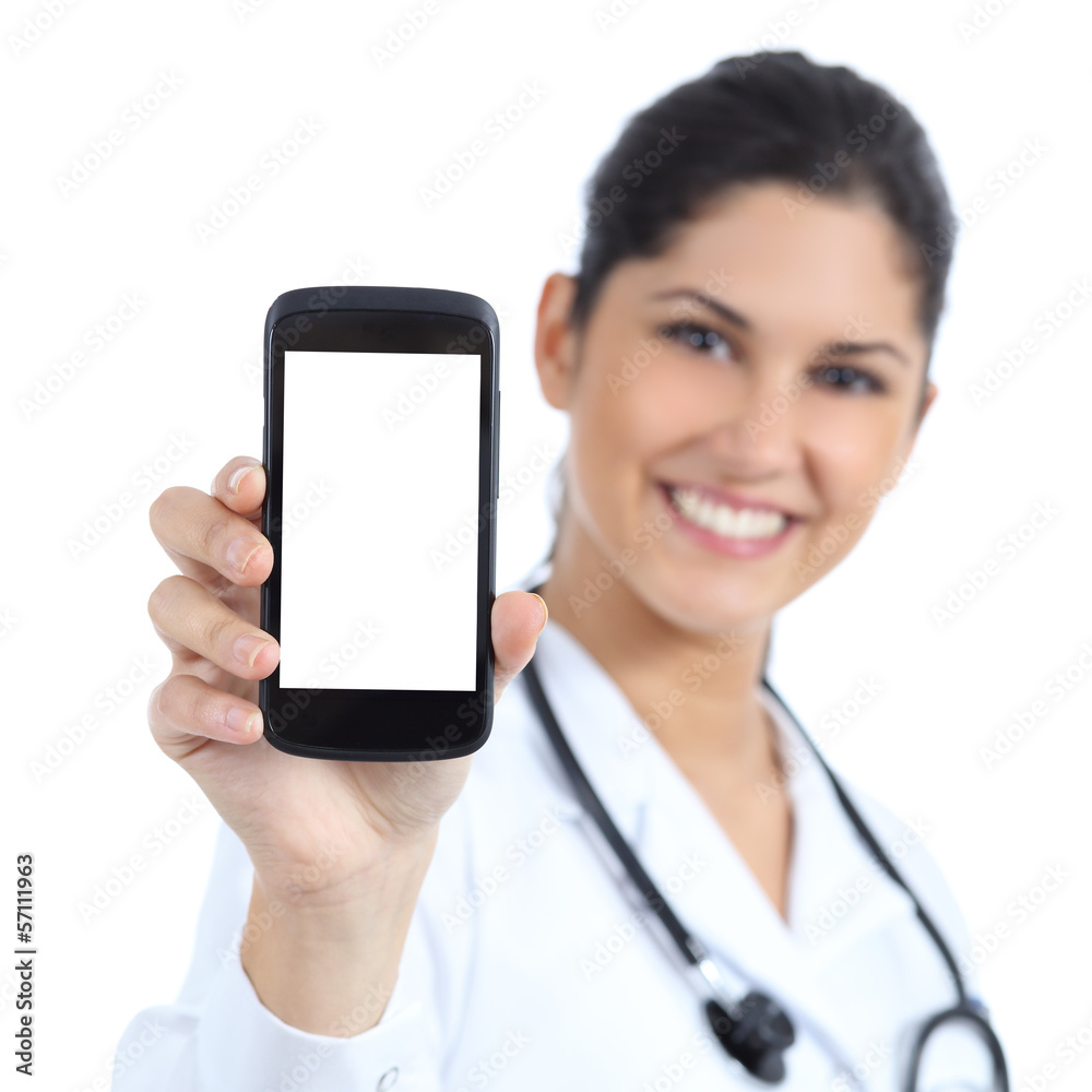 Female doctor smiling and showing a blank smart phone screen Female doctor smiling and showing a blank smart phone screen