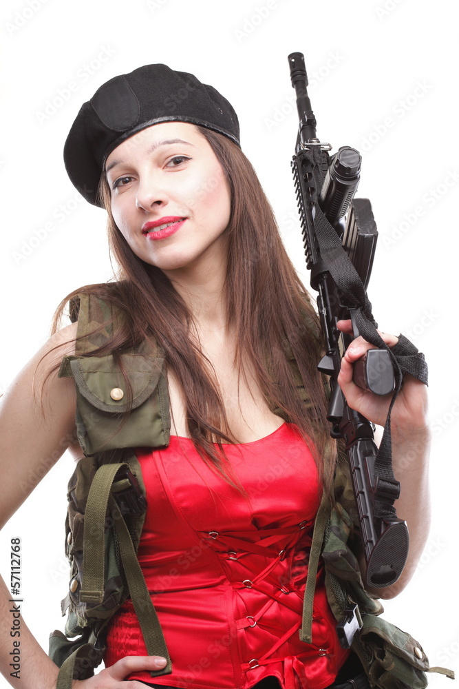 Girl holding Rifle islated on white background Girl holding Rifle islated on white background