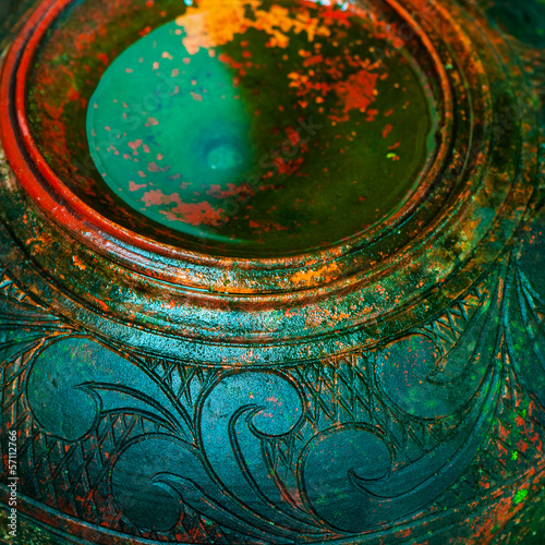 View from above on ancient colorful textured vase