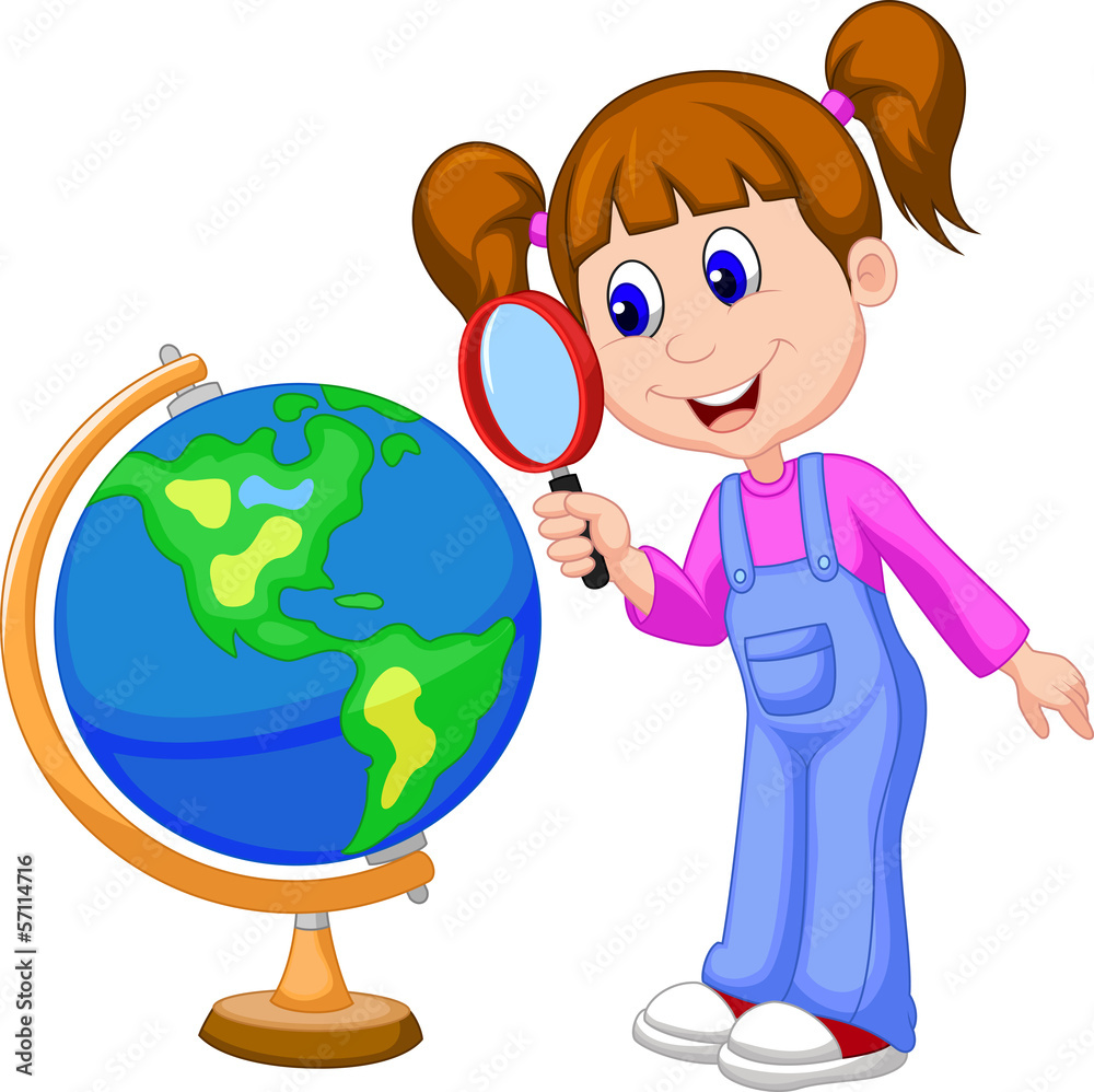 Fototapeta premium Cartoon girl using magnifying glass looking at globe