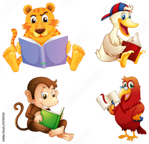 Four animals reading