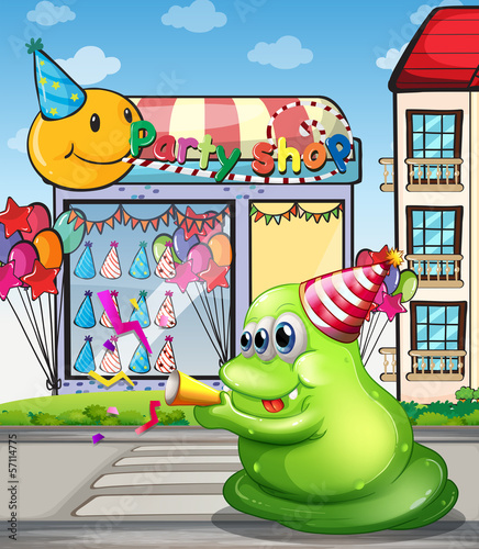 A pedestrian lane with a green monster near the party shop