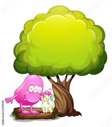 A monster and a cat under the tree