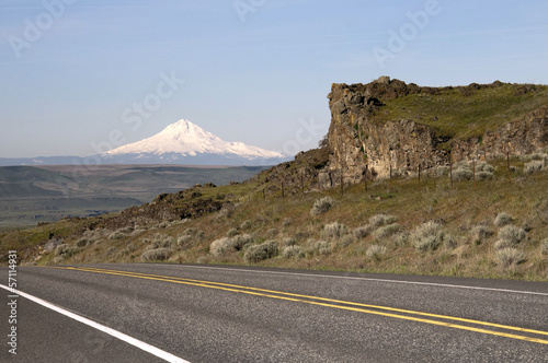 Two Lane Highway Reveals Mt Hood Cascade Range Landscape