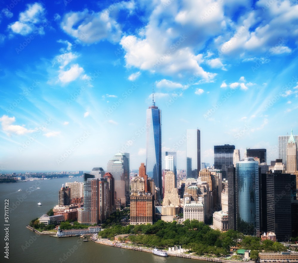 Lower Manhattan skyline and buildings. Beautiful aerial view at