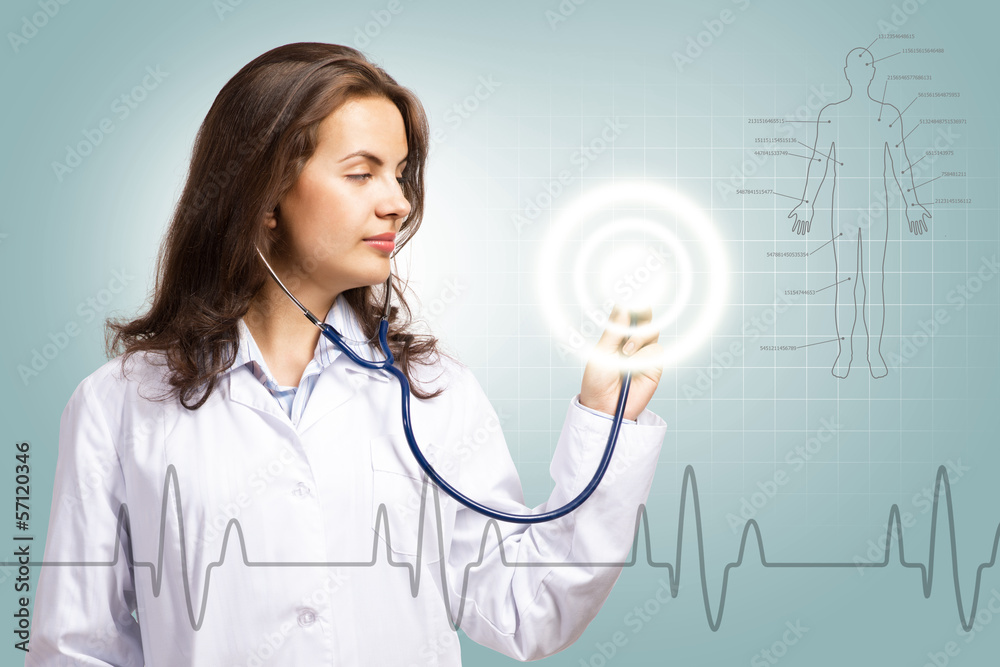 doctor put a stethoscope to the glowing dashboard doctor put a stethoscope to the glowing dashboard