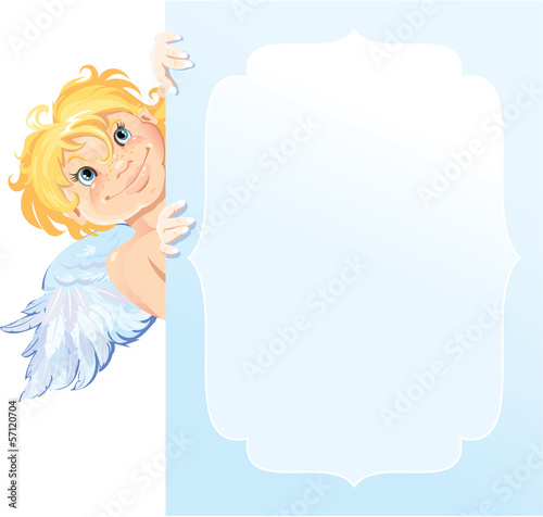 Cute angel peeking round from behind  frame. Valentines Day card