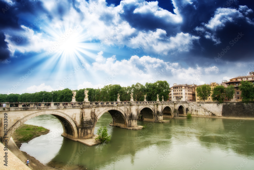 Rome, Italy. Beautiful view of Tiber river with famous Bridge
