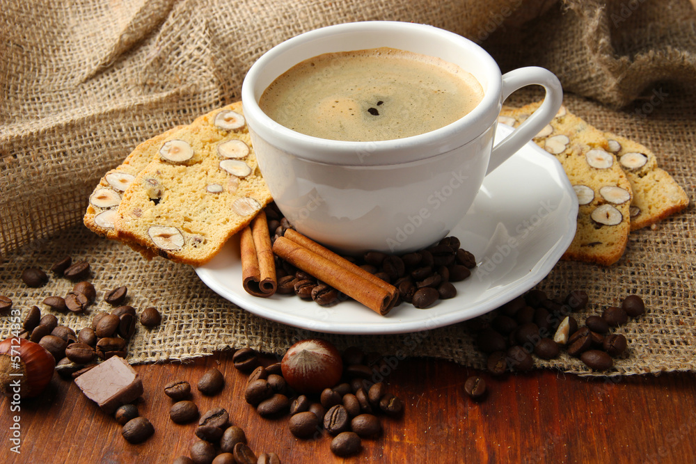 Cup of tasty coffee with tasty Italian biscuits,
