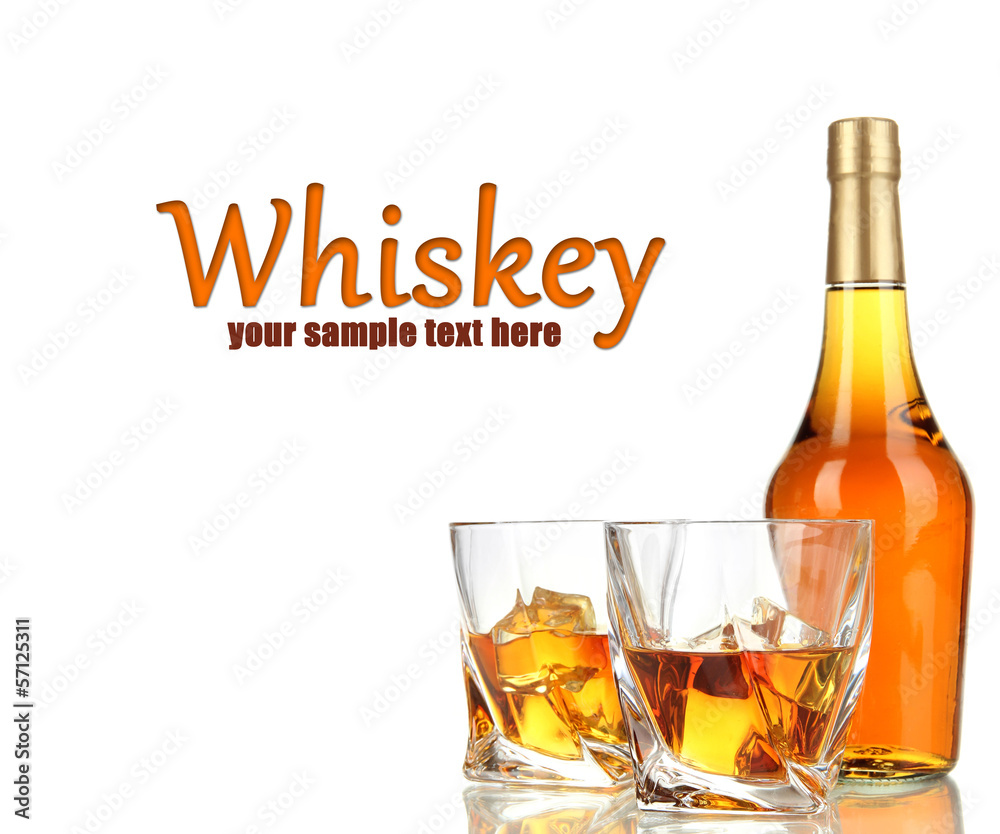 Glasses of whiskey with bottle, isolated on white Glasses of whiskey with bottle, isolated on white