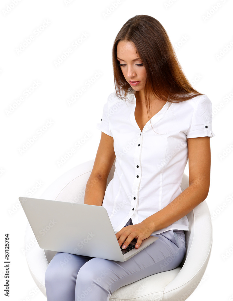 Young beautiful business woman with laptop isolated on white Young beautiful business woman with laptop isolated on white