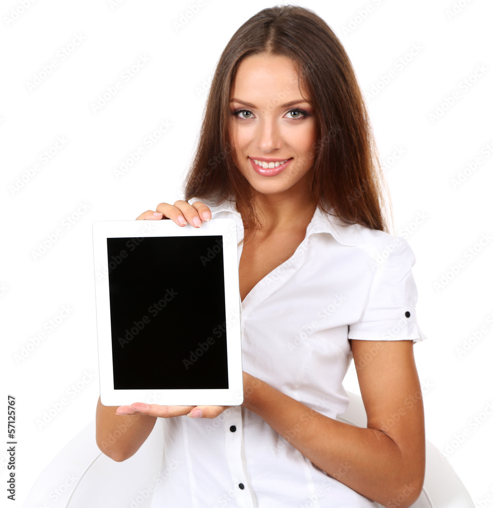 Young beautiful business woman with tablet isolated on white Young beautiful business woman with tablet isolated on white