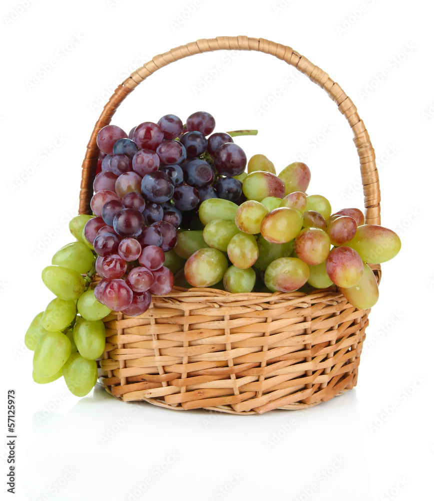 Fresh grape in wicker basket, isolated on white Fresh grape in wicker basket, isolated on white