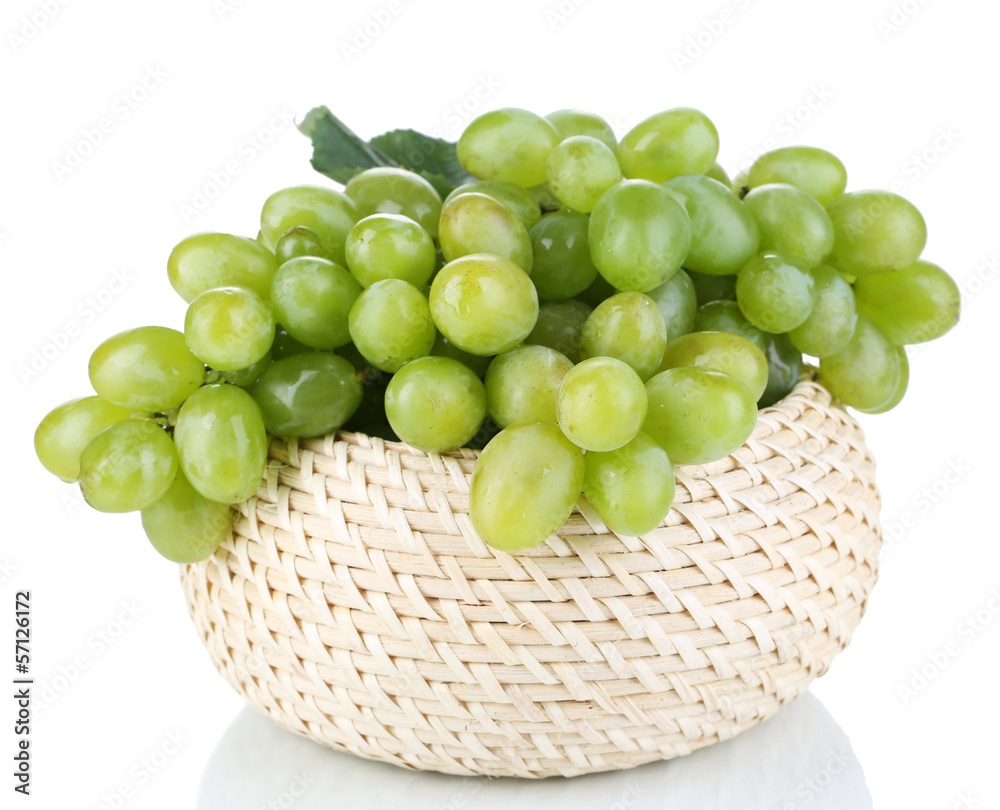 Ripe green grapes in basket isolated on white Ripe green grapes in basket isolated on white