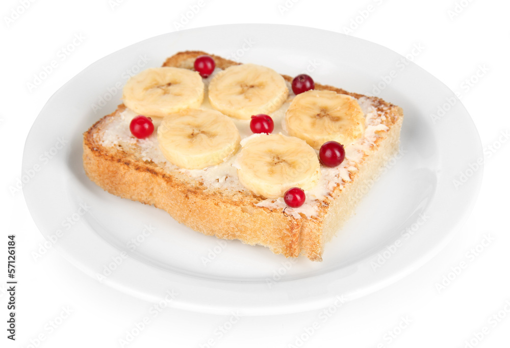Delicious toast with bananas isolated on white Delicious toast with bananas isolated on white
