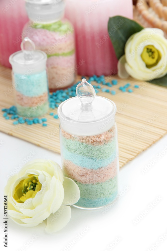 Aromatic salts in glass bottles and spa treatment,