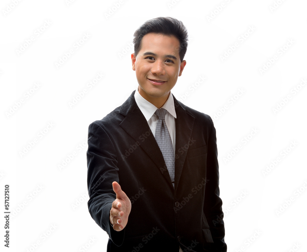 Business man with hand extended to handshake-isolated over white Business man with hand extended to handshake-isolated over white