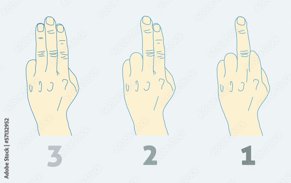 Three step countdown with middle finger. Light colors. Stock Vector