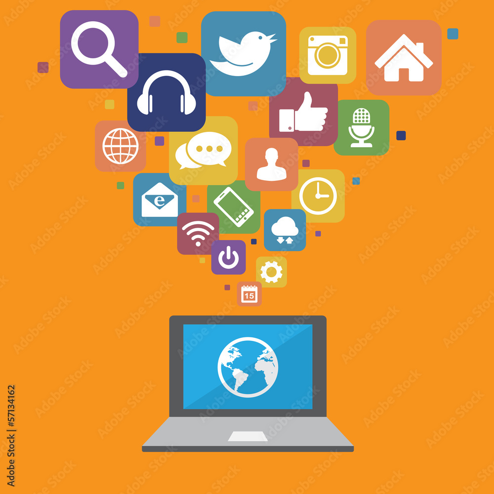 Laptop with social media icons Laptop with social media icons