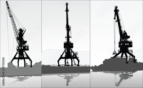 Set of vector silhouettes of 3 port cranes