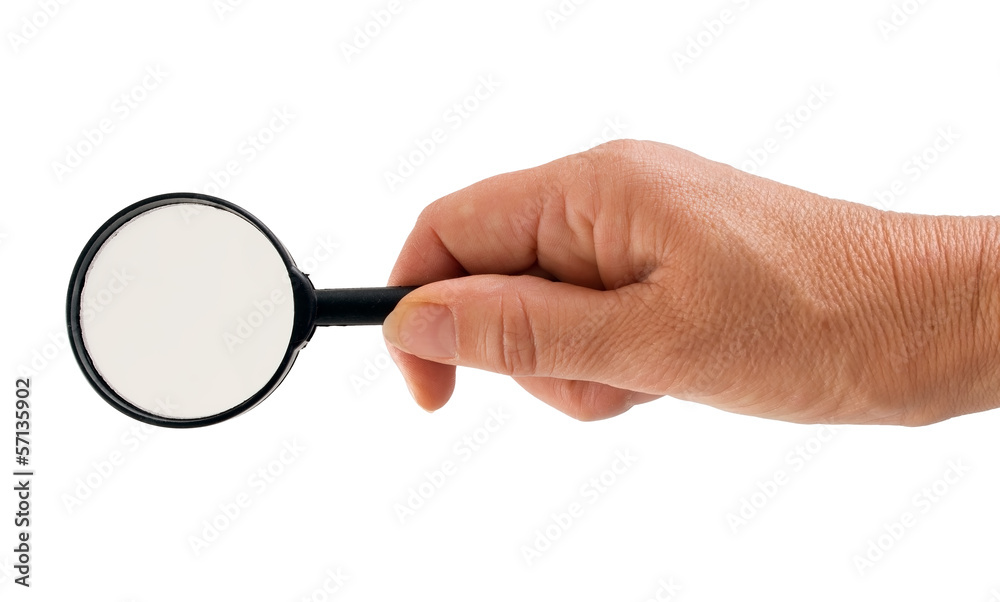 Woman seeking solution - hand with magnifying glass isolated Woman seeking solution - hand with magnifying glass isolated