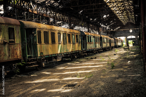 Old trains at abandoned train depot photo