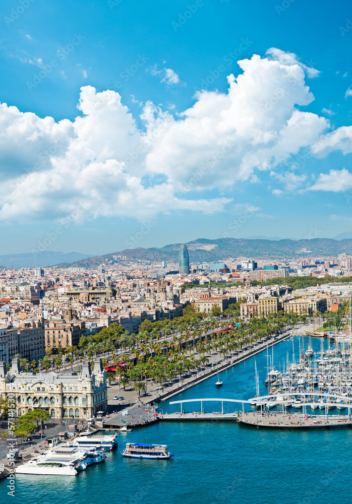 Naklejka premium Aerial view of the Harbor district in Barcelona, Spain