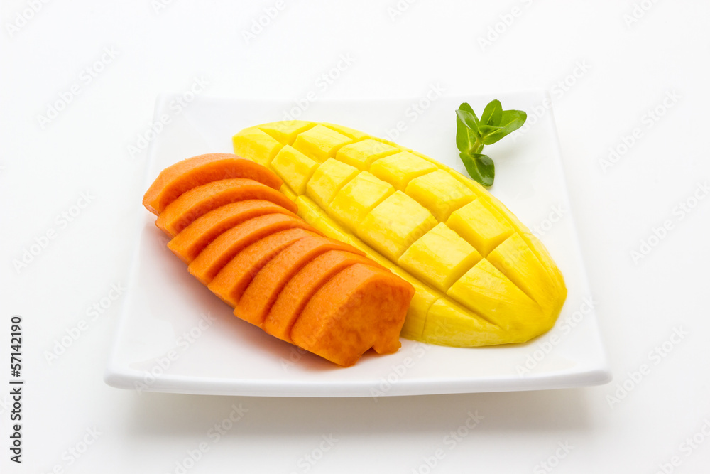 Mango and Papaya on white background