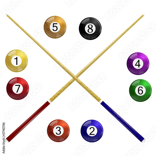 Two cue and billiard balls on a white background