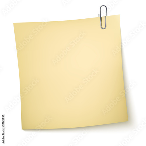 Note Paper with paperclip on white background