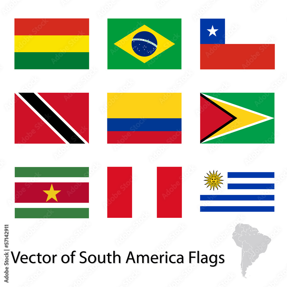 Flags of South America on white background