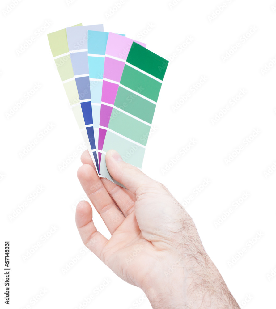 Fototapeta premium Man hand holding color samples isolated on white