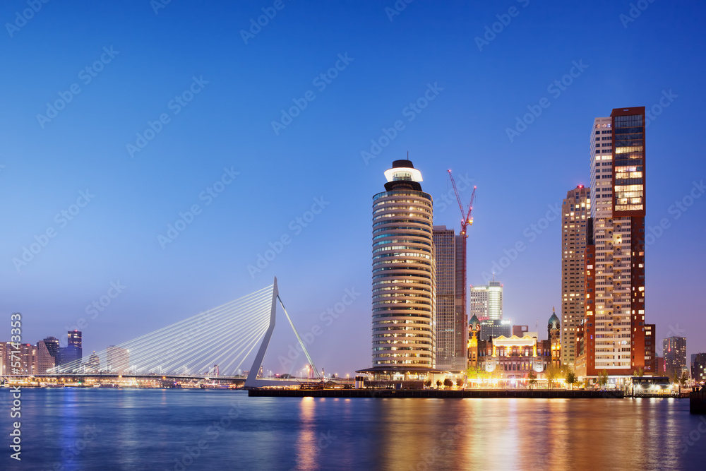 Naklejka premium City of Rotterdam Skyline in the Evening