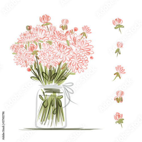 Vase with pink flowers, sketch for your design