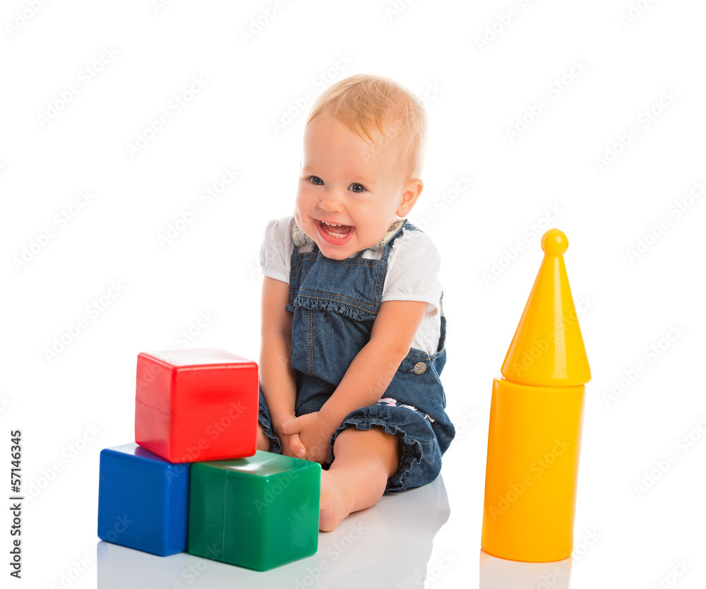 happy cheerful child playing with blocks cubes isolated on white happy cheerful child playing with blocks cubes isolated on white