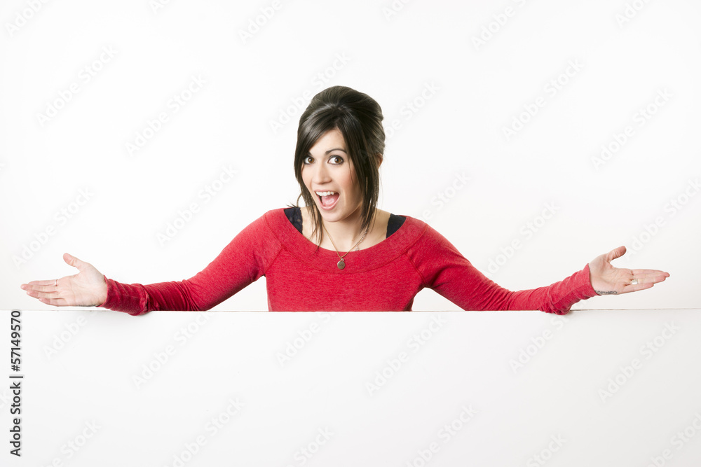 Female Presenter Stands Above Blank White Board Smiling Woman Female Presenter Stands Above Blank White Board Smiling Woman